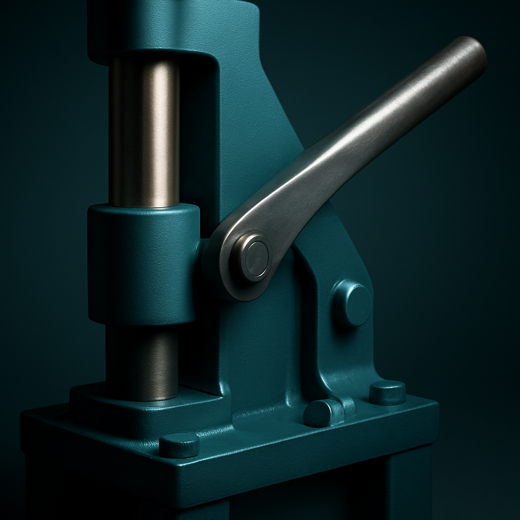 Detailed view of the AquaPress hydraulic ram and lever mechanism